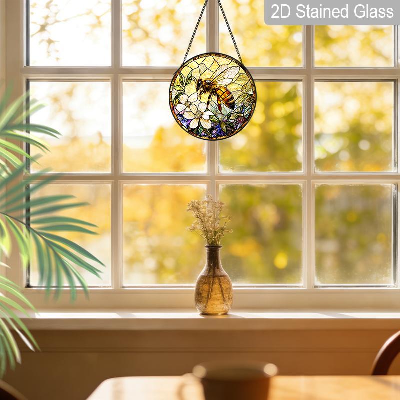 2D Flat Stained Glass Vintage Bee Window Decoration, 7.87inches Bee Flower Design Colored Glass Plate with Chain, Charming Spring Summer Sun Catcher