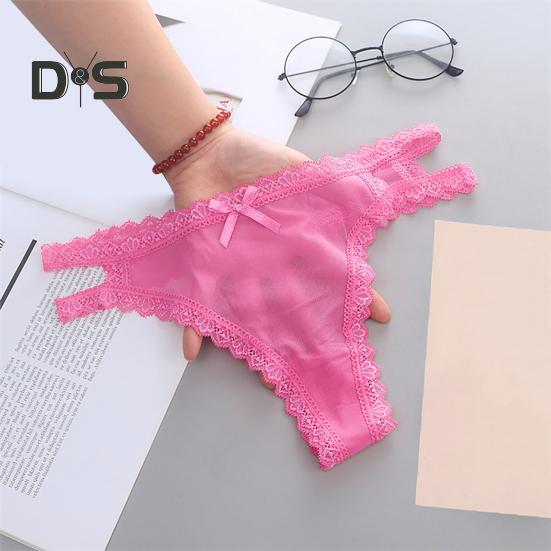 Sexy Embroidery Lace Stitching Briefs Solid Color Bowknot Decor See Through Mesh Thong Low Rise Ultra Thin Hollow Out Panties