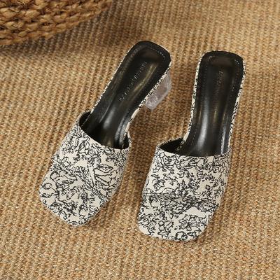 Модные вышитые тапочки в китайском стиле. Летние новые кристальные туфли на среднем каблуке. Шлепанцы с открытым носком. Высокие каблуки.