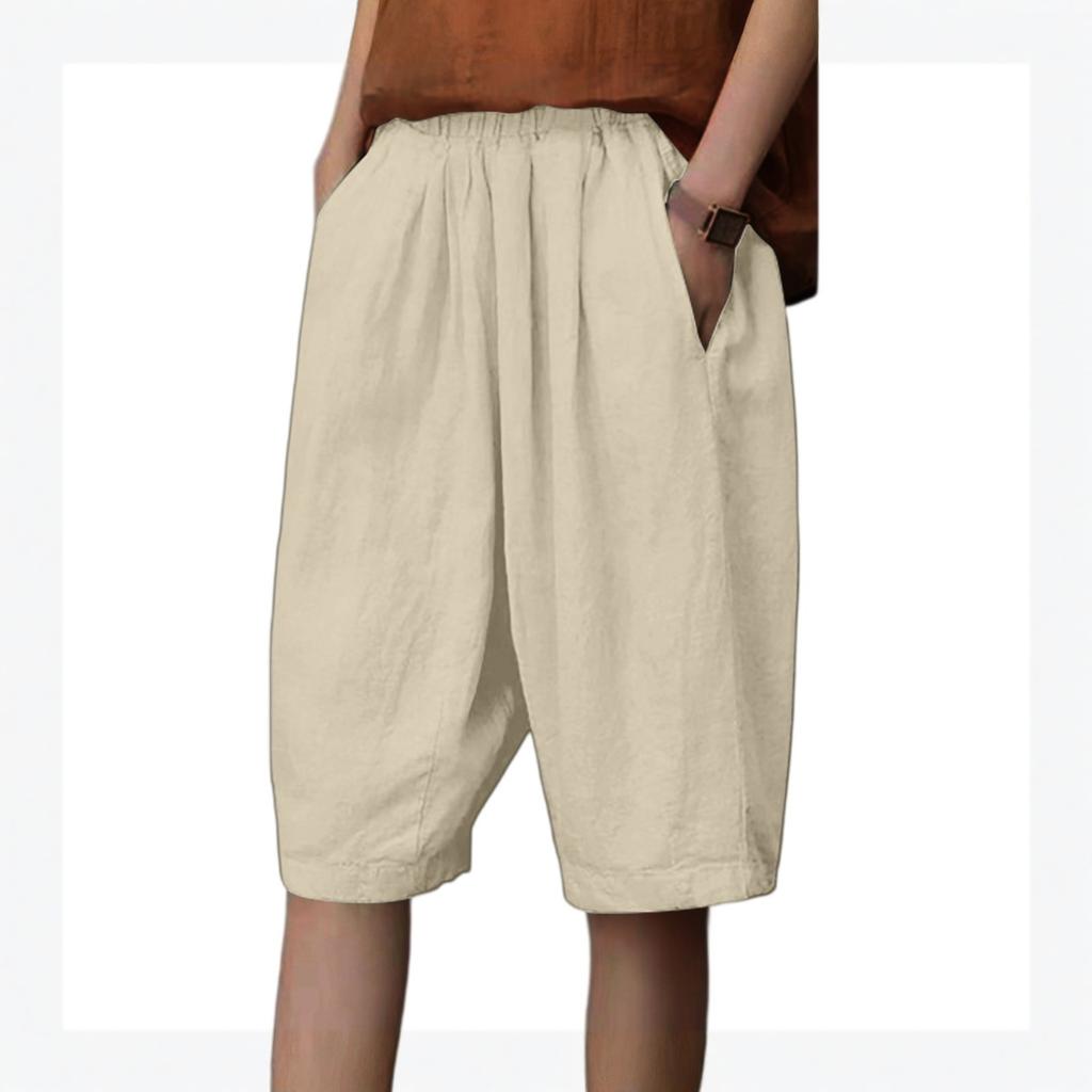 Женские хлопково-льняные повседневные модные шорты, свободные брюки-харены, с высокой посадкой, широкие штанины