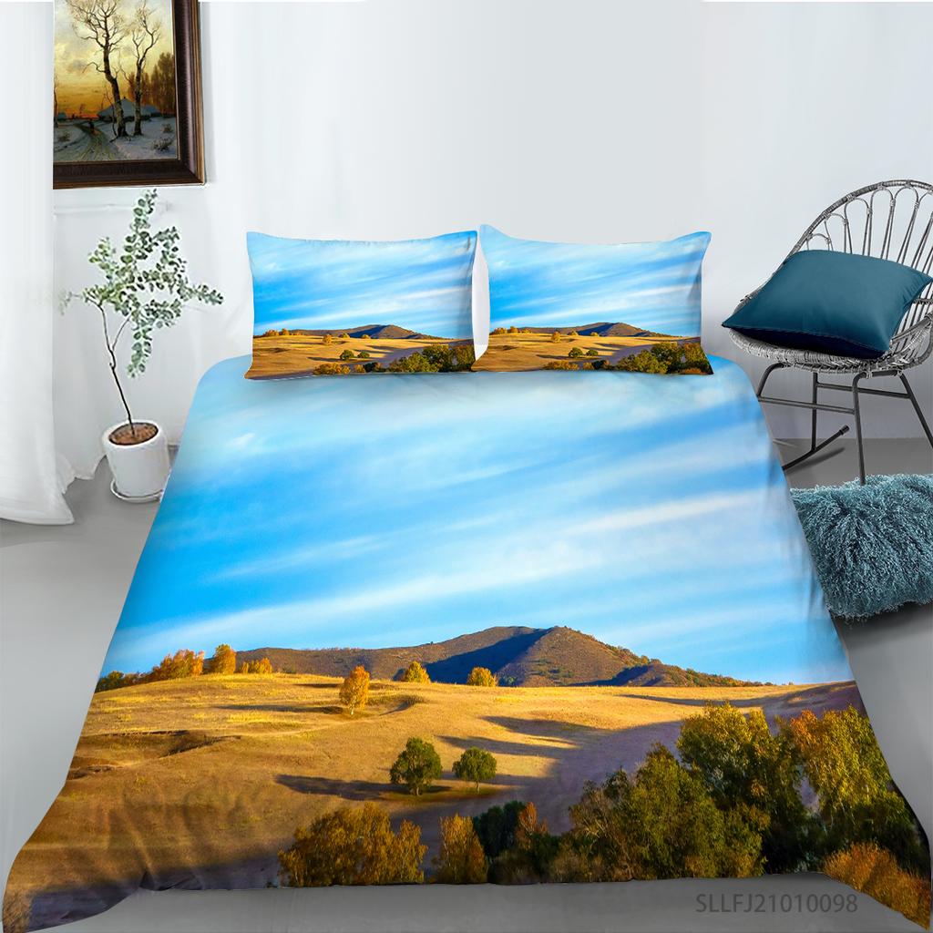 3D Forest Pattern Deluxe Home Bedding Set Full Size Quilt Cover and Pillowcase Landscape Print Washable and Comfortable Bedroom Bedding