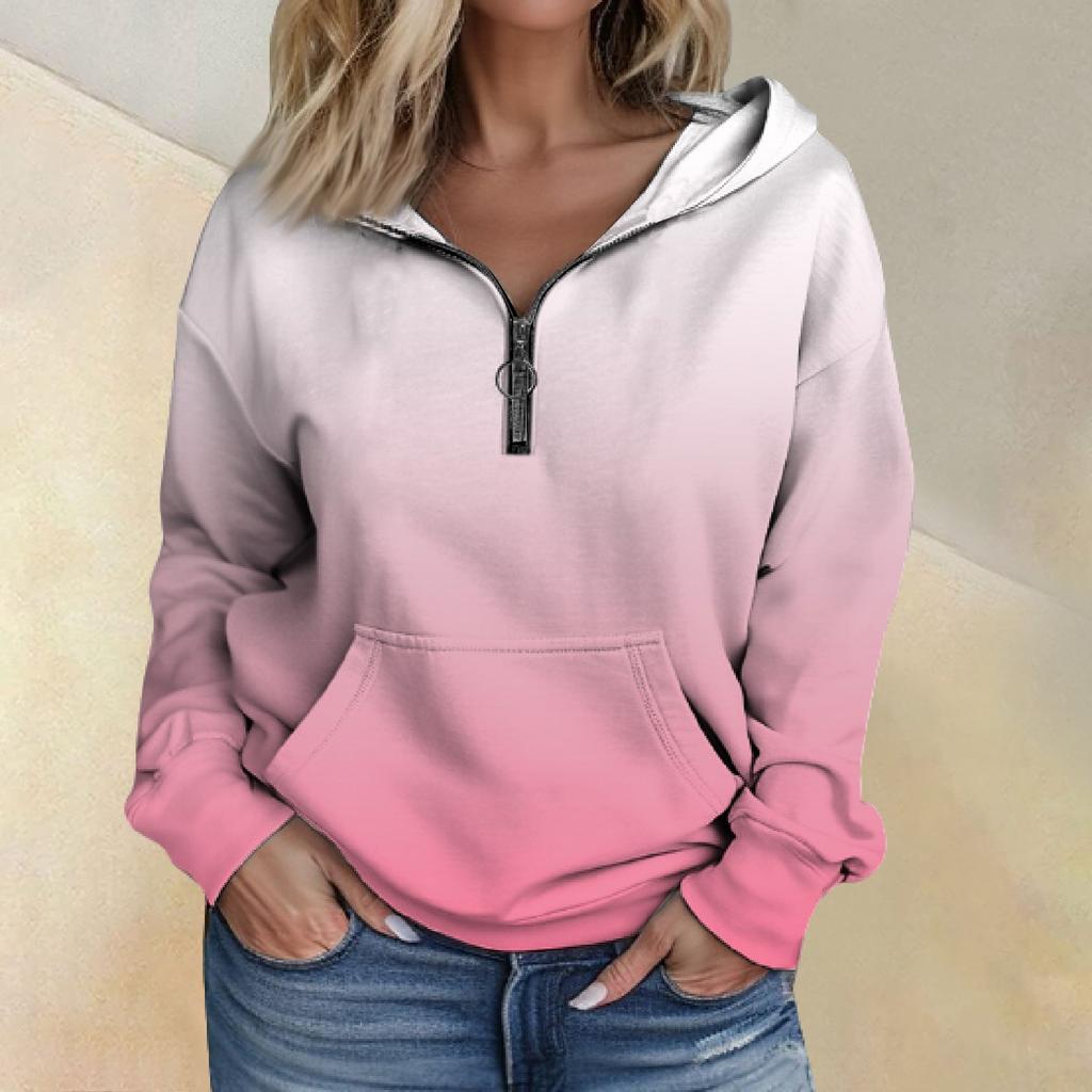 Women's Fashion Gradient Long Sleeved Loose Half Zippered Hoodie With Pockets