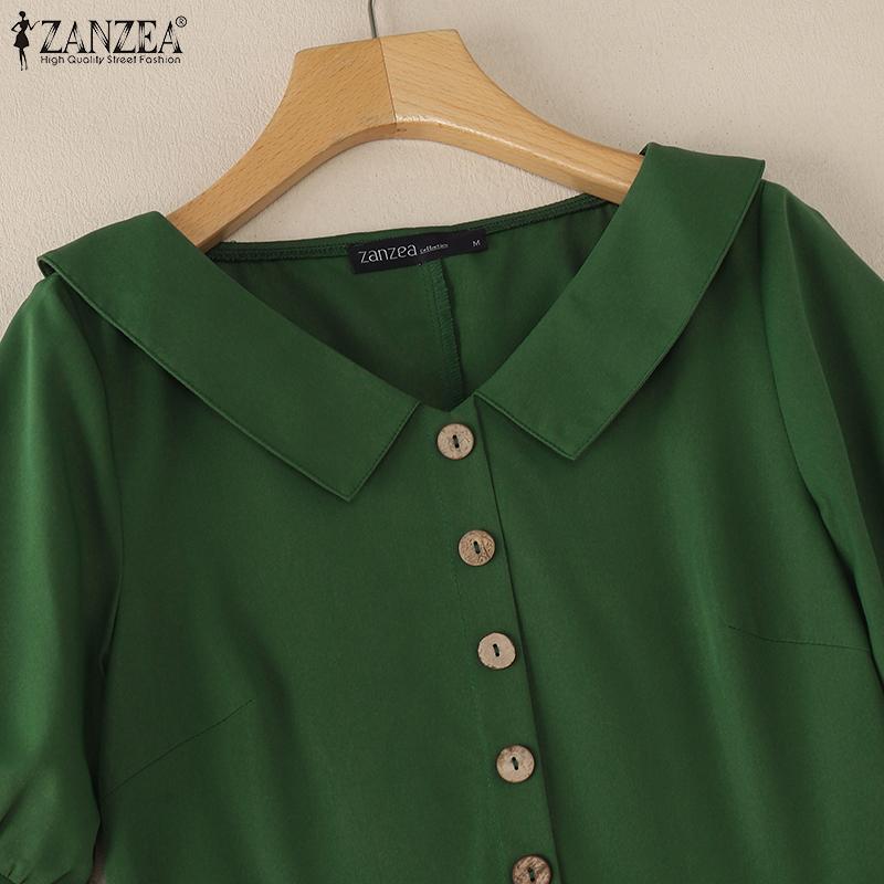 ZANZEA Womens Doll Collar Short Sleeve Casual Long Dress