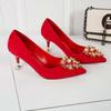 Туфли подружки невесты женские 2025 новые китайские туфли для тоста красные свадебные туфли на высоком каблуке шпильке бежевые синие свадебные туфли