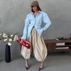 2026 Womens Blue Slim Fit Long Sleeve Shirt Casual Tie Collar Blouse