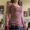 Women's Red and Grey Shirt Striped Long Sleeve Tops Grunge 2000s Fall Ribbed Soft Shirts
