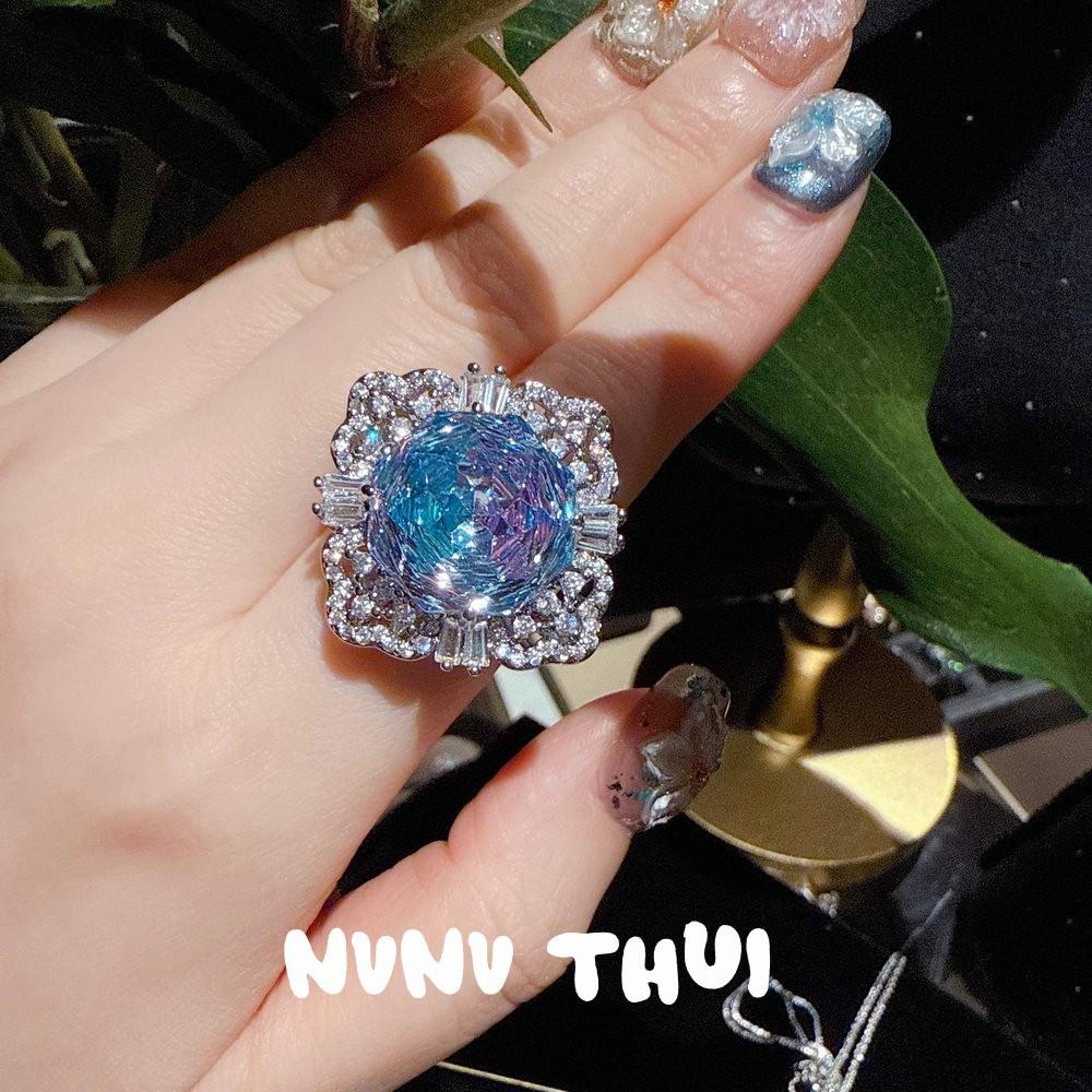 Zixia Fairy, Lavender Gemstone Rose Cut Honeycomb Necklace Haute Couture Jewelry, Sea Blue Sparkling Diamond Ring Set