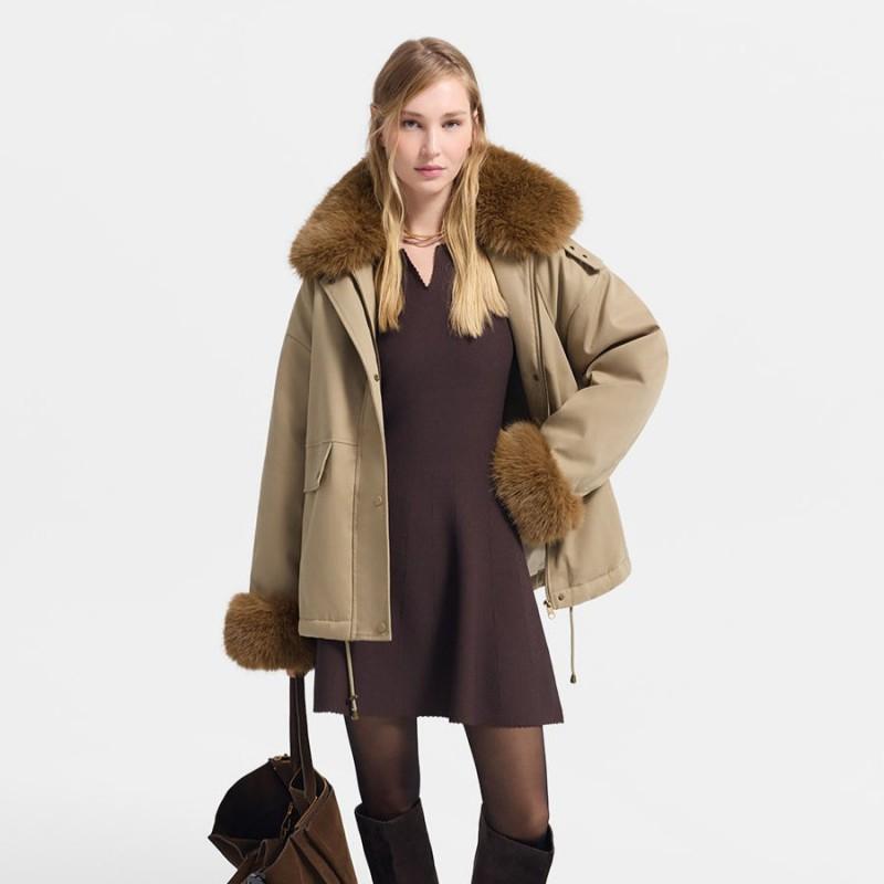 Womens Detachable Faux Fur Collar Cargo Parka Short Puffer Coat Drawstring Waist Warm Winter Jacket