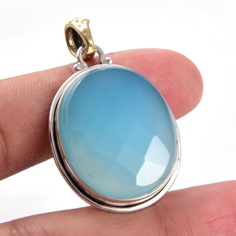 Natural Aqua Chalcedony Gemstone 925 Sterling Silver Two Tone Pendant 1.5'' J7u11