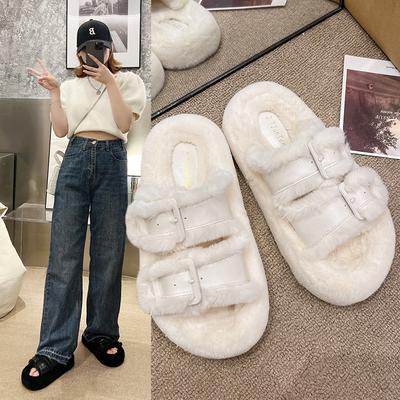 2025 зимняя теплая и бархатная верхняя одежда пушистые тапочки женские универсальные толстые удобные хлопковые тапочки с одним символом