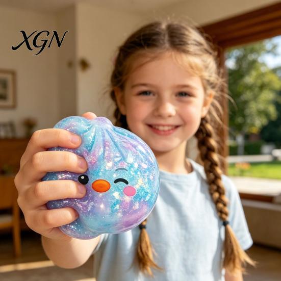 Portable Stress Reliever Cartoon Dumpling Squeeze Toy with Glitter, Relief Dough Kids Ball Fidget Toy, Soft Simulated Steamed Bun Sensory