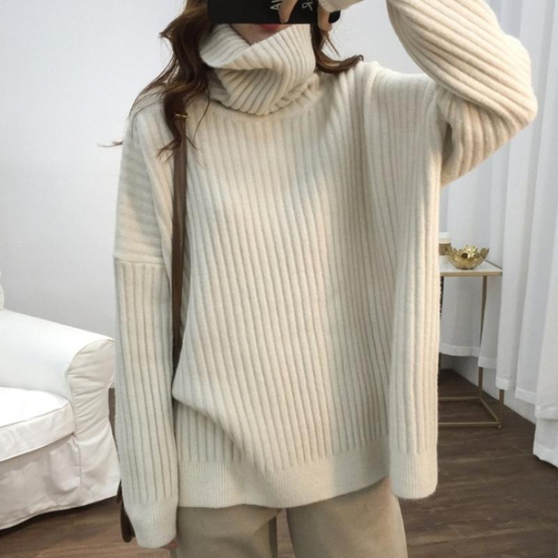 Осень-зима, крупный однотонный пуловер с высоким воротником, свитер, женский новый джемпер, свободные и ленивые повседневные вязаные топы с длинными рукавами