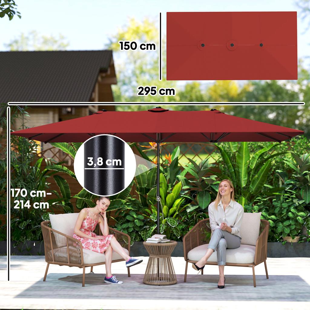 Large Parasol. Height Adjustable, Tiltable. 150 x 295 x 170-214 cm. Burgundy