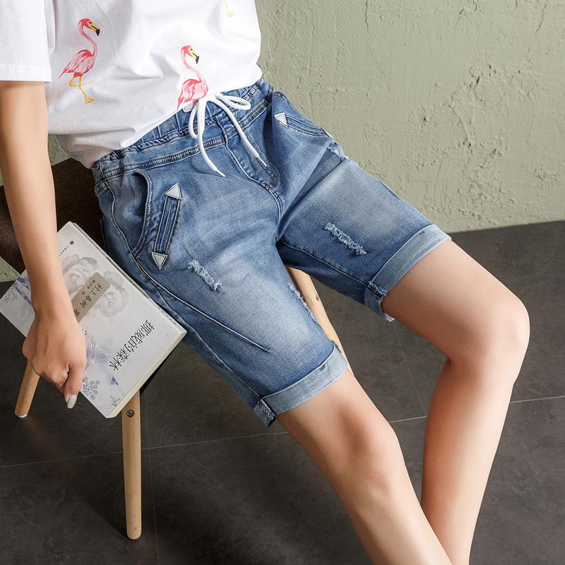 Джинсовые шорты большого размера для девочек, весенние эластичные свободные рваные брюки с высокой талией и широкими штанинами