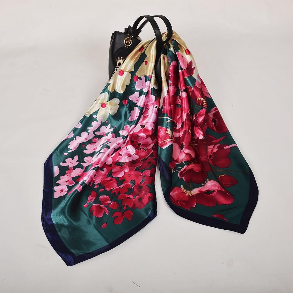 Модный бренд Женский бежевый полиэстеровый шелковый шарф шаль Новый стиль Большой квадратный Дамские атласные шарфы Хиджабы Принтованные шелковые палантины 90*90см