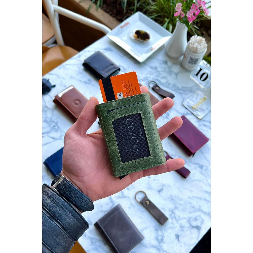 Унисекс черный кошелек из натуральной кожи с механизмом - (Специально для имени) - (Подарок на брелок из натуральной кожи)