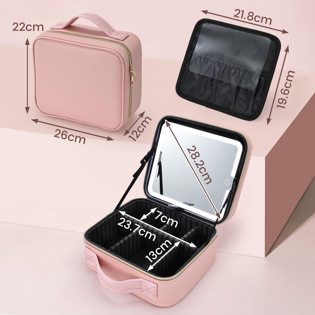 Portable Makeup Bag with Lighted Mirrors Travel Cosmetic Case Organizer with 3 Color Lights Mirror Dividers Brush Cases Holder