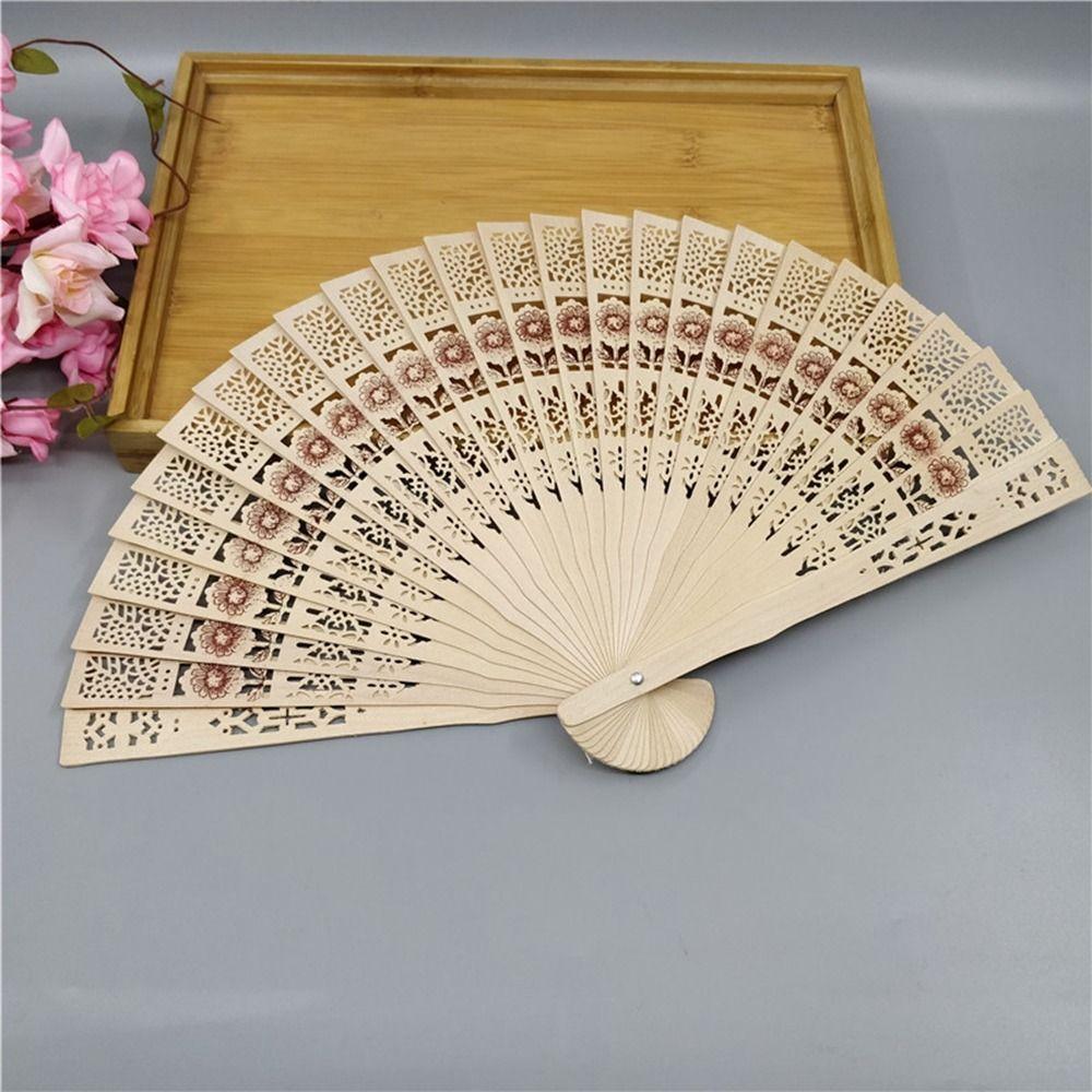 Vintage Bamboo Folding Fan Engraved Hollow Wooden Fan New Hand Held Fan Women