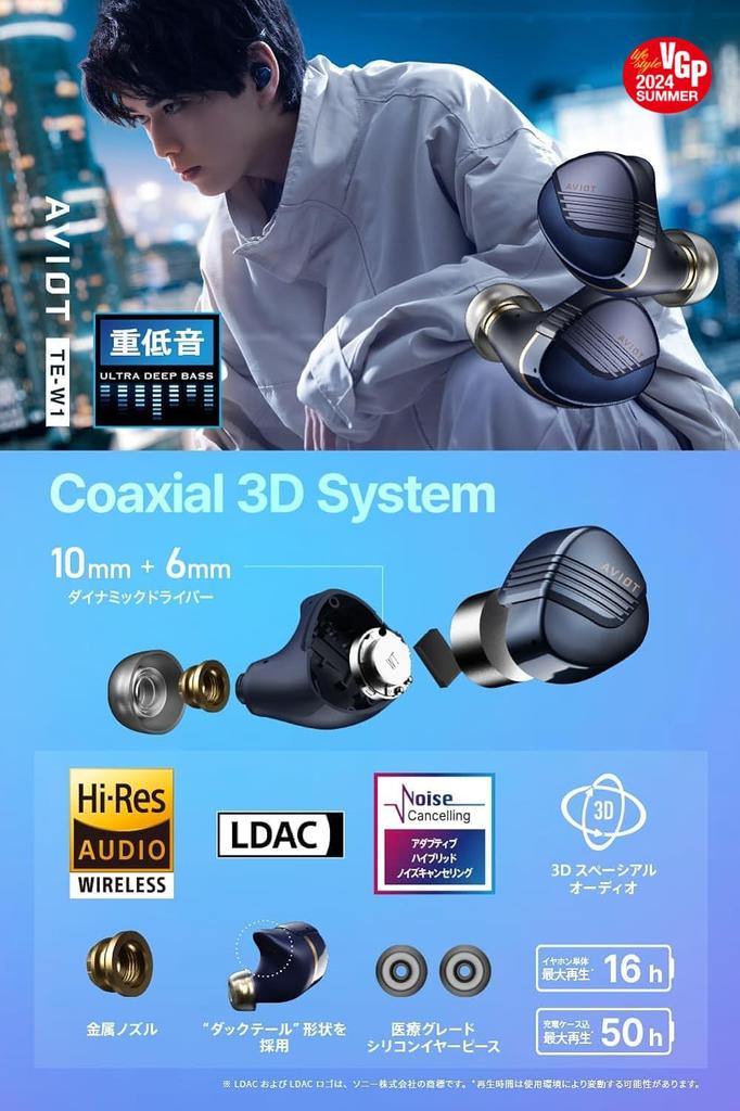 AVIOT Адаптивные гибридные беспроводные наушники с шумоподавлением Коаксиальная 3D-система Совместимые наушники Двойные динамические драйверы Металлическая насадка Совместимое воспроизведение