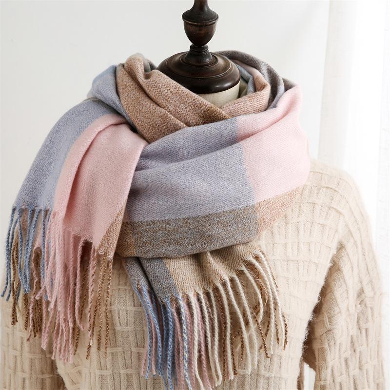 New Plaid Scarf for Women Japanese and Korean Sweet Imitation Cashmere Mid Length Colorful Plaid Scarf Shawl and Scarf