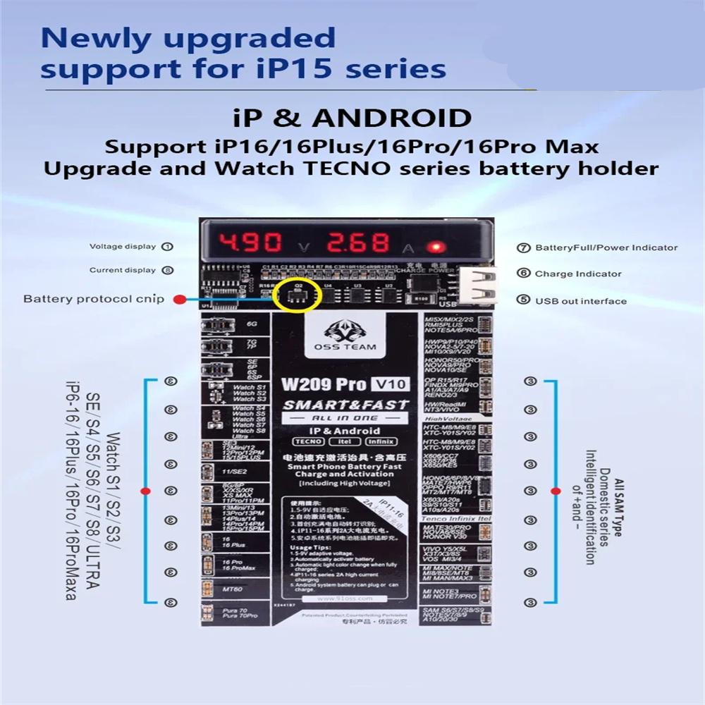 W209 Pro V10 Плата для проверки активации аккумулятора для серии iPhone 11-16 Быстрая зарядка