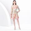 Spring Autumn Women V-neck Single Breasted Print Water Soluble Lace Mini Short Wedding Party Dresses with Belt