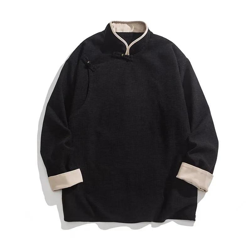 Осенне-зимняя куртка в китайском стиле с длинными рукавами, мужской костюм в китайском стиле Тан, костюм ханьфу-мирянина в стиле дзен, чайный костюм с диагональными лацканами