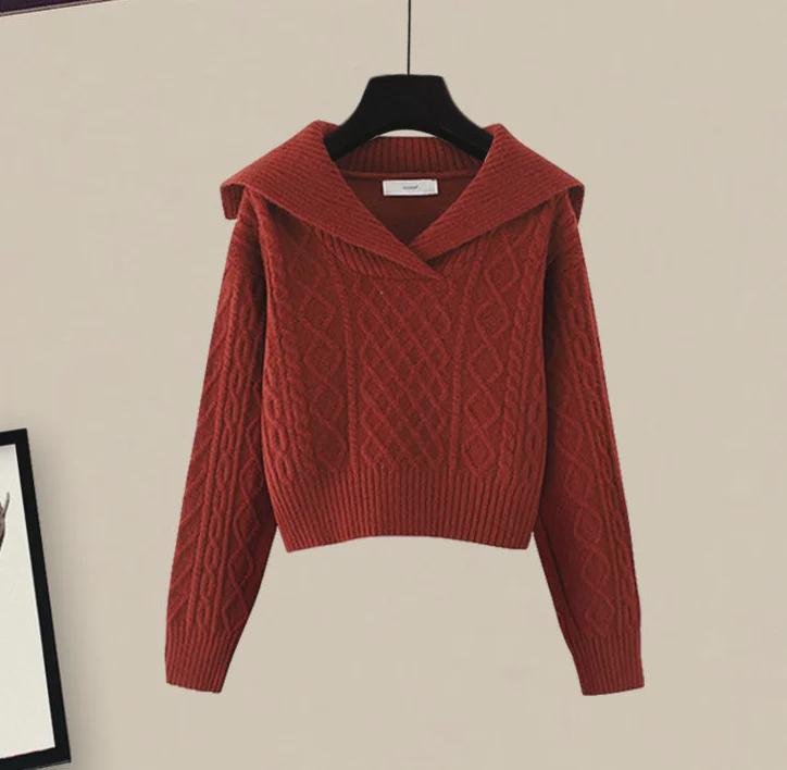 Комплект из свитера и юбки в японском стиле в стиле ретро с темно-синим воротником и ленивым узором - коллекция осень 2024 года.