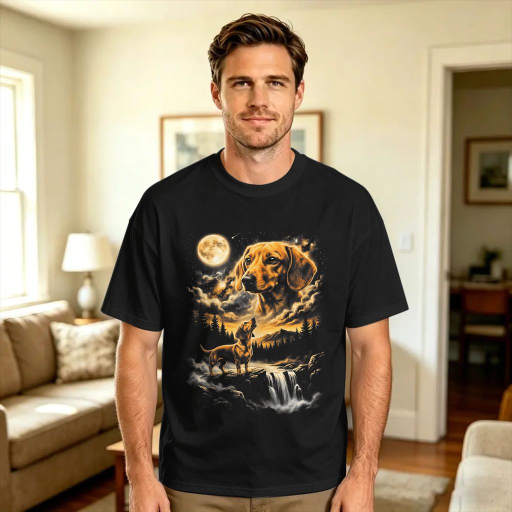 Dachshund Howling At The Moon Retro Graphic Dog Lovers T Shirt Summer Cotton T Shirts For Unisex Print Tee Shirt Y2k Casual Tops