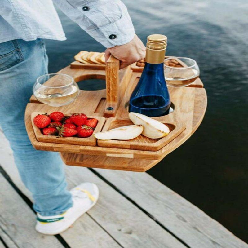 Tables Wooden Picnic Table With Glass Holder Round Foldable Desk Wine Glass Rack