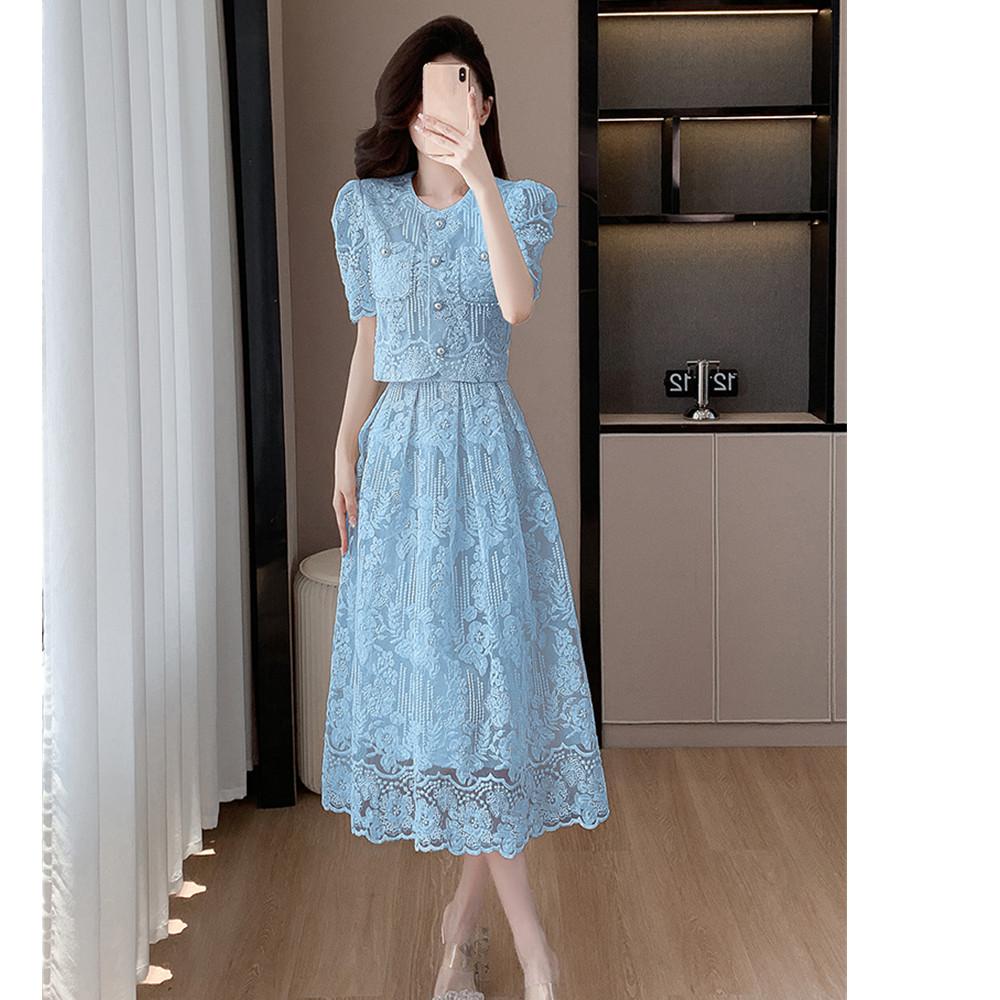 Элегантные женские летние кружевные костюмы, милая однотонная рубашка с цветочной вышивкой, топы, комплект из двух предметов, юбка миди, женская одежда