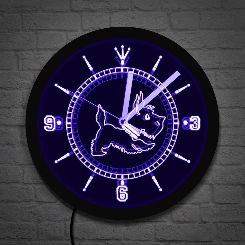Scottie Dog LED Neon Sign Lighting Wall Clock Aberdeen Terrier Dog Breeds Gift Scottish Terrier Luminous Wall Clock Home Decor