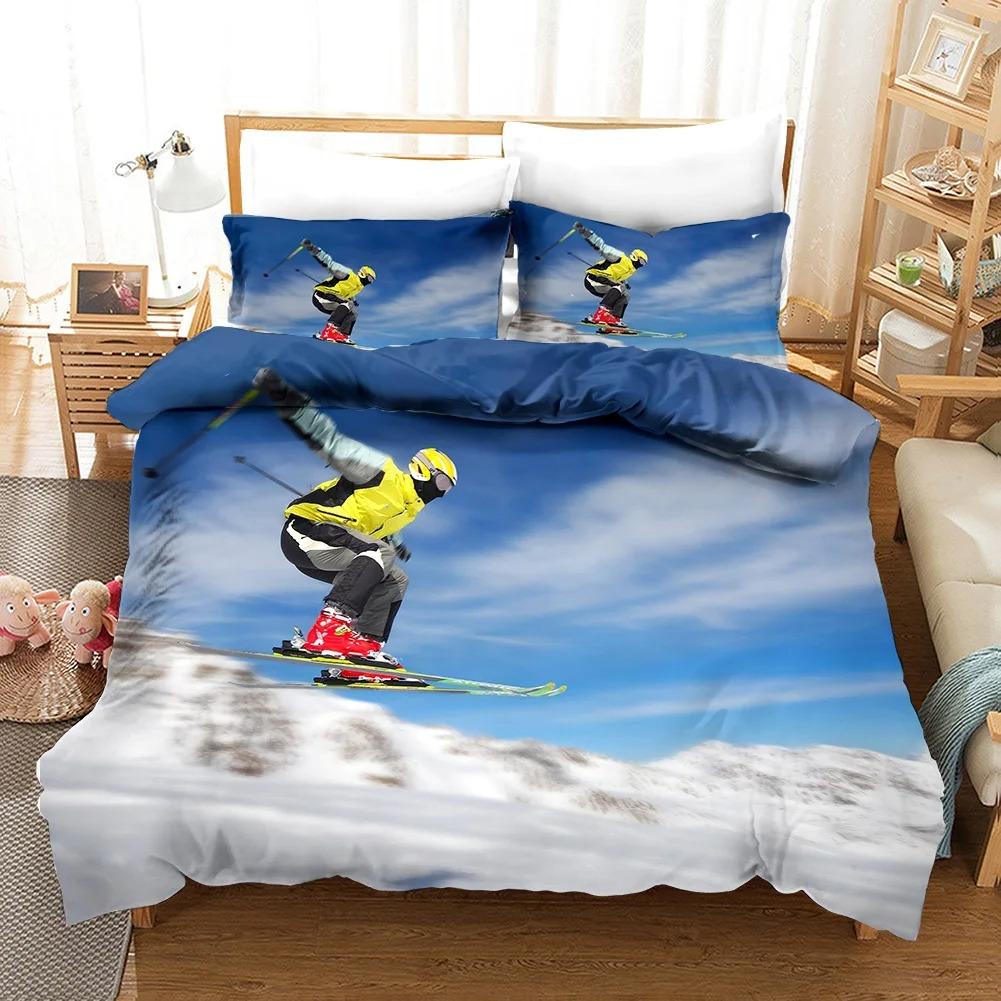 Ski Duvet Cover Microfiber Extreme Sports Theme Twin Bedding Collection Winter Sport Ski Snow Mountain Landscape Queen King Quilt Cover