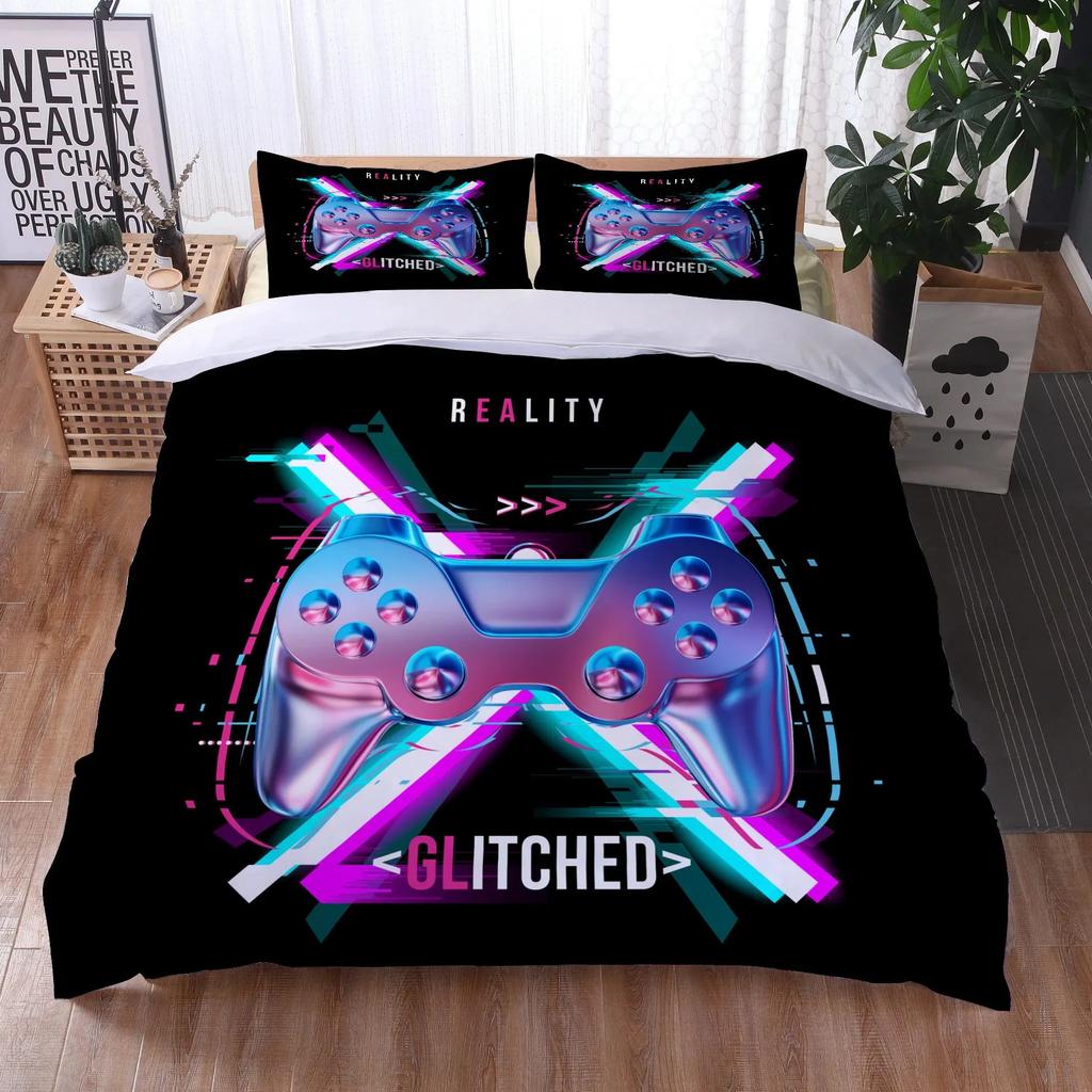 Gaming Gamepad Video Game Neon Comfortable Duvet Quilt Cover Pillowcase Bedding Set Children Bedroom Decoration Home Textile