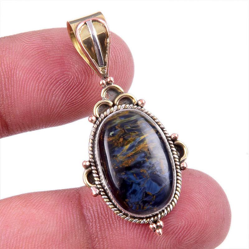 Natural Pietersite Gemstone 925 Solid Sterling Silver TwoTone Pendant 1.50" F6w86