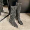 [Fanfna] Retro Pointed Buckle with Western Cowboy Boots Women's 2025 New Wide Tube and Thin Pile Boots