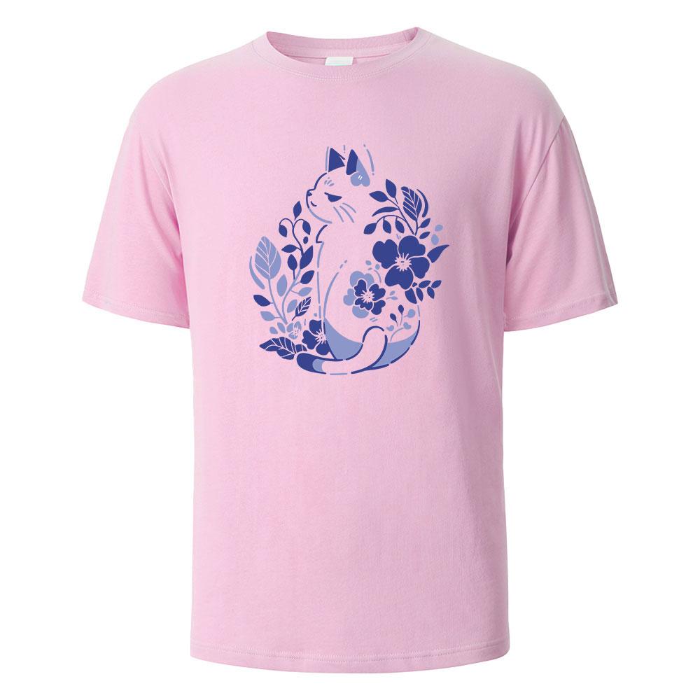 Mens Printed TShirt Blue And White Porcelain Cat Graphic 100Cotton Oneck Shortsleeved Tees For Men Women Summer Fashion Tops