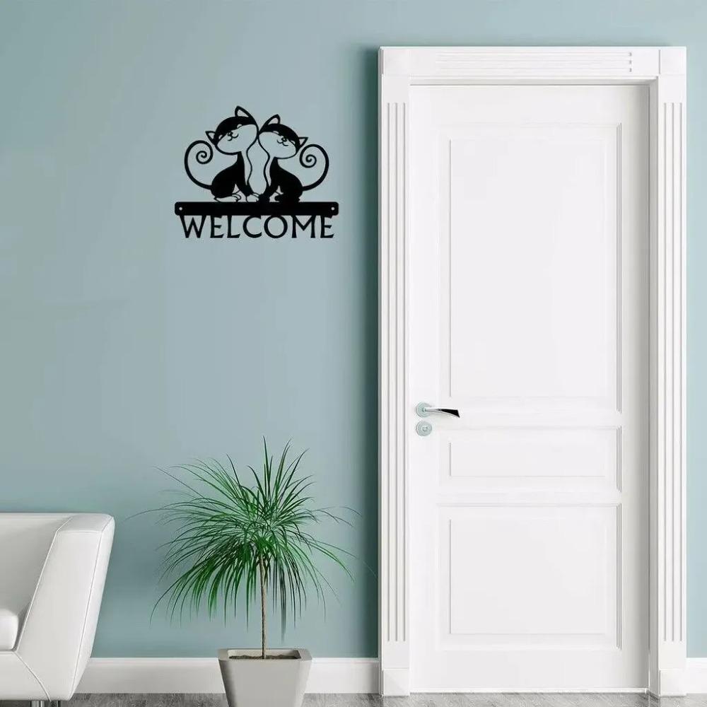 Twin Cats Welcome Sign Wall Stickers Shape Decoration Metal Ornaments Cats Welcome Sign Twin Wall Stickers Metal