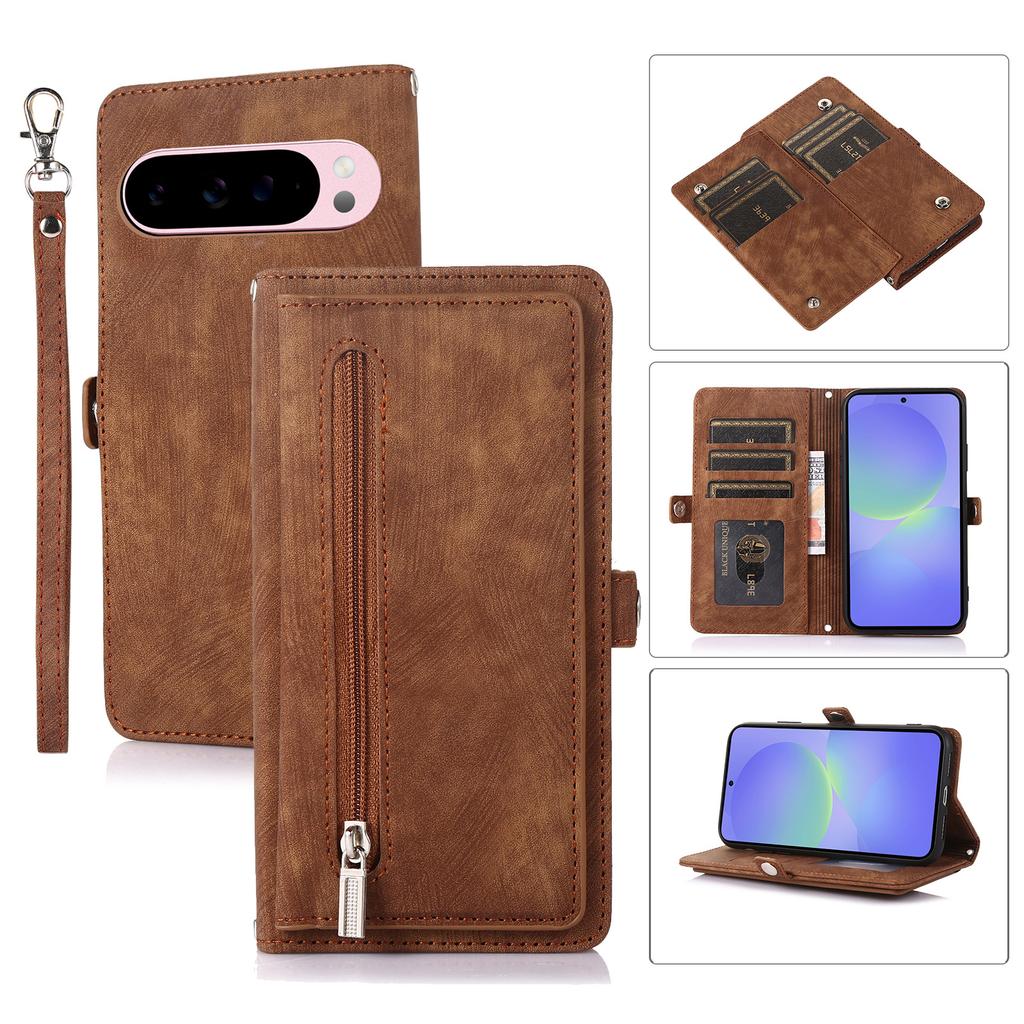 Magnetic Phone Case for Google Pixel 10 Pro XL Pixel9 9A 8 8A 7 7A 6 6A Zipper Lanyard Plain Leather Card Holder Wallet Cover