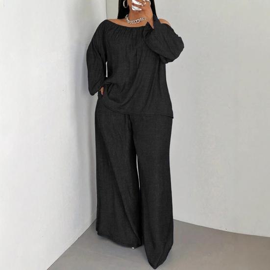 2 Piece Outfit for Women Off Shoulder Long Sleeve Top High Waisted Wide Leg Pants Set Casual Plus Size Going Out Lounge Set