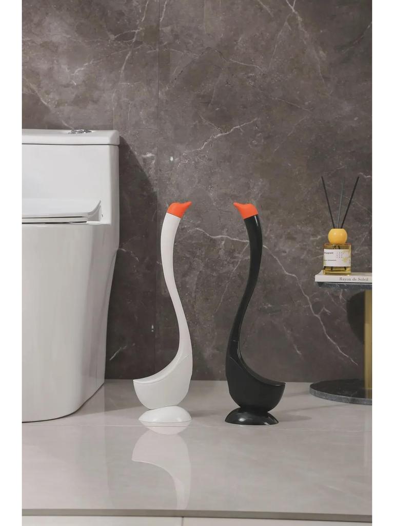 Swan Design Vertical Toilet Brush Set with Base - Practical Plastic Bathroom Accessory