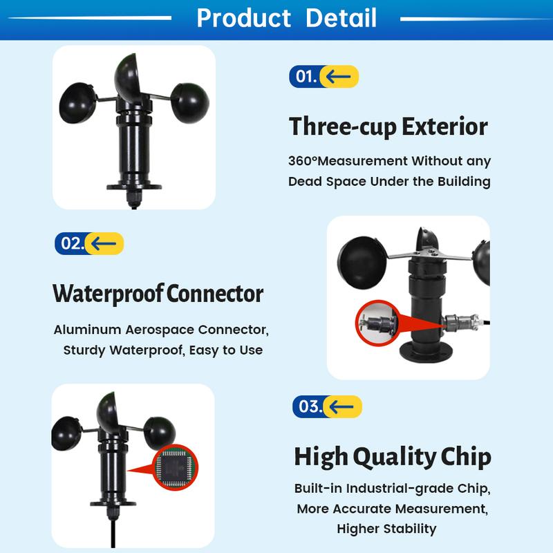 0-30m/s Aluminium Alloy Wind Speed Sensor Weather Station Detector 3 Cup Anemometer Sensors Pulse RS485 Output 4-20mA 0-5V 0-10V