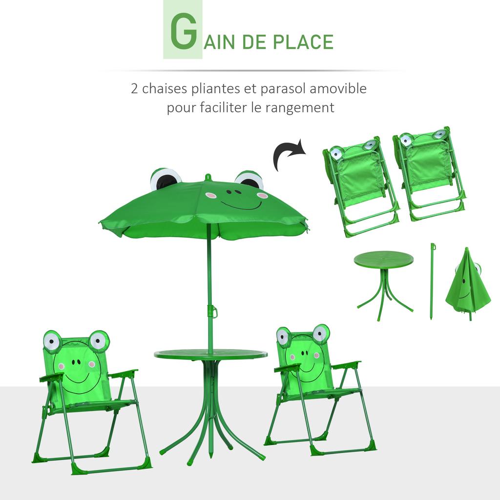 Children's 4-Piece Garden Furniture Set with Frog Design - Round Table + 2 Folding Chairs + Parasol - Green Oxford Epoxy-Coated Metal