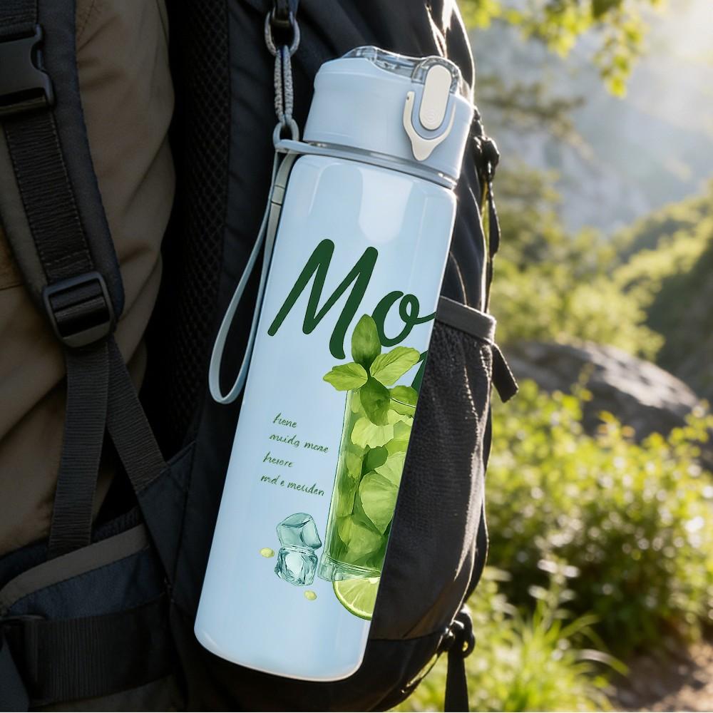 1PC Mojito Cocktail Letter Art 750ml Color Plastic Sports Water Bottle Leakproof Flip Straw Lid Suitable for Sports Office Home Use