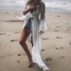 Женская мода Бикини Cover Up Slub Bell Sleeve Lace Loose Beach Swimsuit Cover Up
