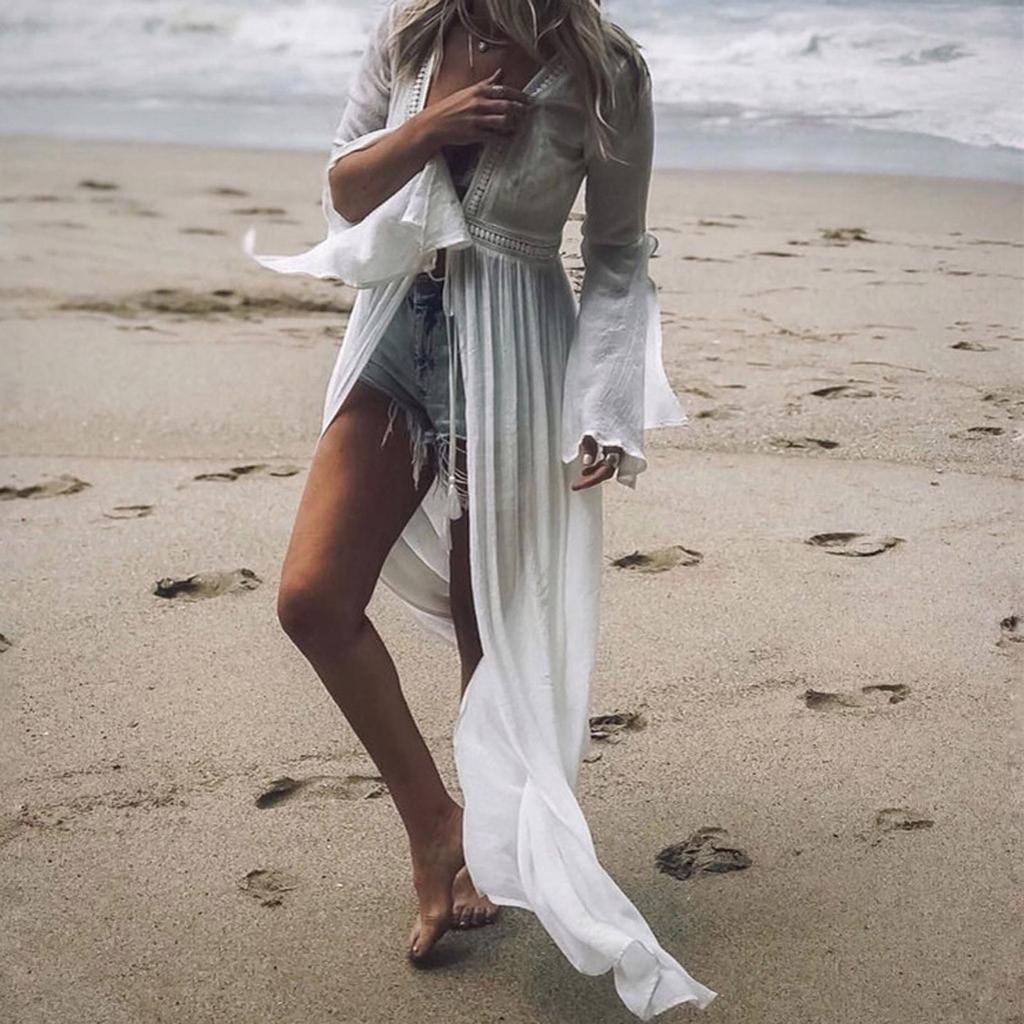 Женская мода Бикини Cover Up Slub Bell Sleeve Lace Loose Beach Swimsuit Cover Up