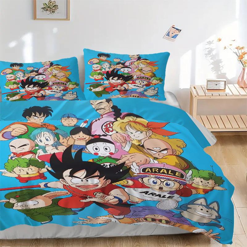 Набор из 3 предметов с принтом персонажей Dragon Ball - Включает 1 пододеяльник и 2 наволочки, Машинная стирка - Подходит для всех сезонов. H024