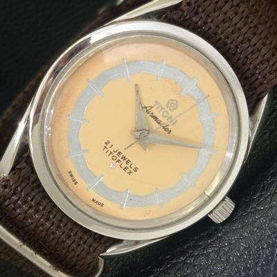 ШВЕЙЦАРСКИЕ ВИНТАЖНЫЕ TITONI AIRMASTER TITOFLEX С РУЧНЫМ ЗАВОДОМ МУЖСКИЕ БЕЖЕВЫЕ ЧАСЫ a703233-1