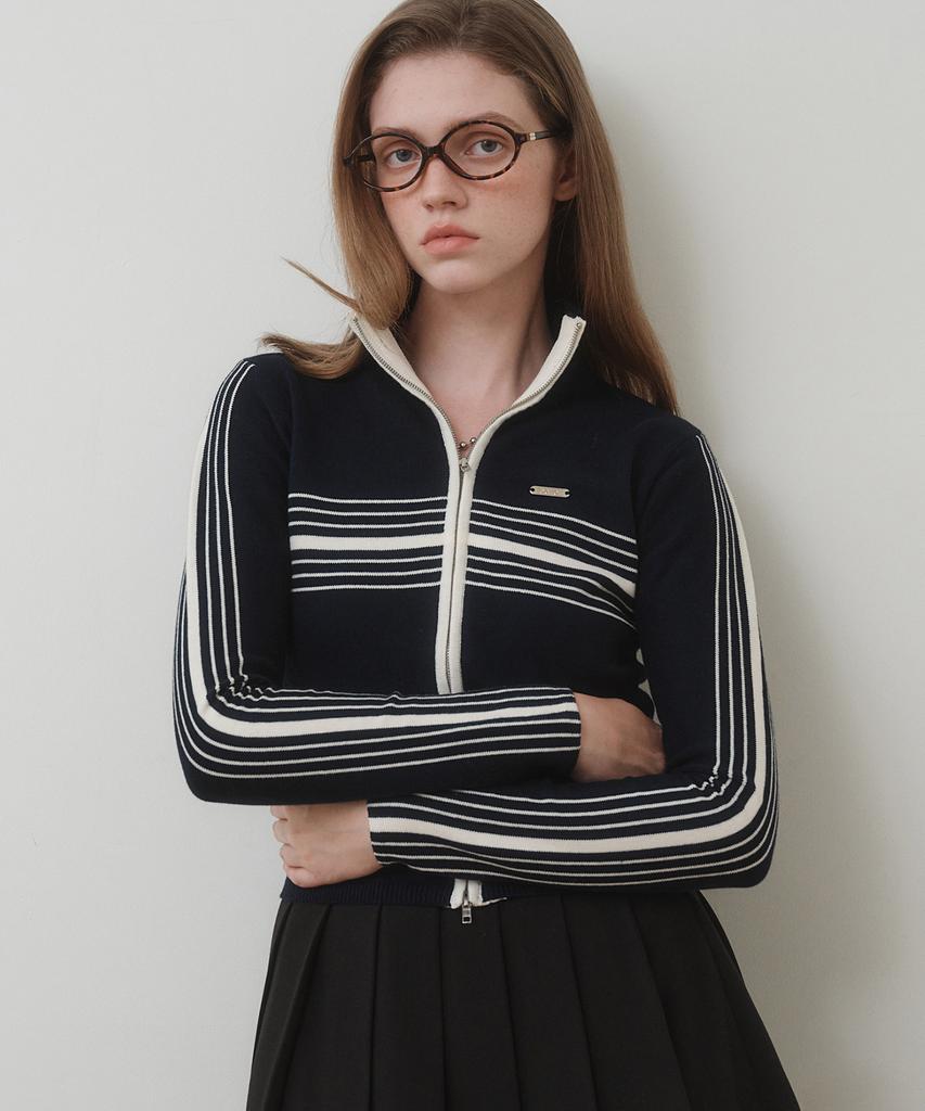 BELLOL Stitch Contrast Knit Zip-Up Navy