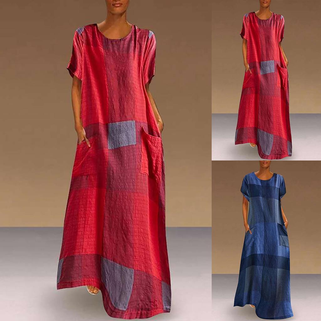 Women’s Fashion Casual  Plaid Cotton Linen Short Sleeve Loose Long Dress